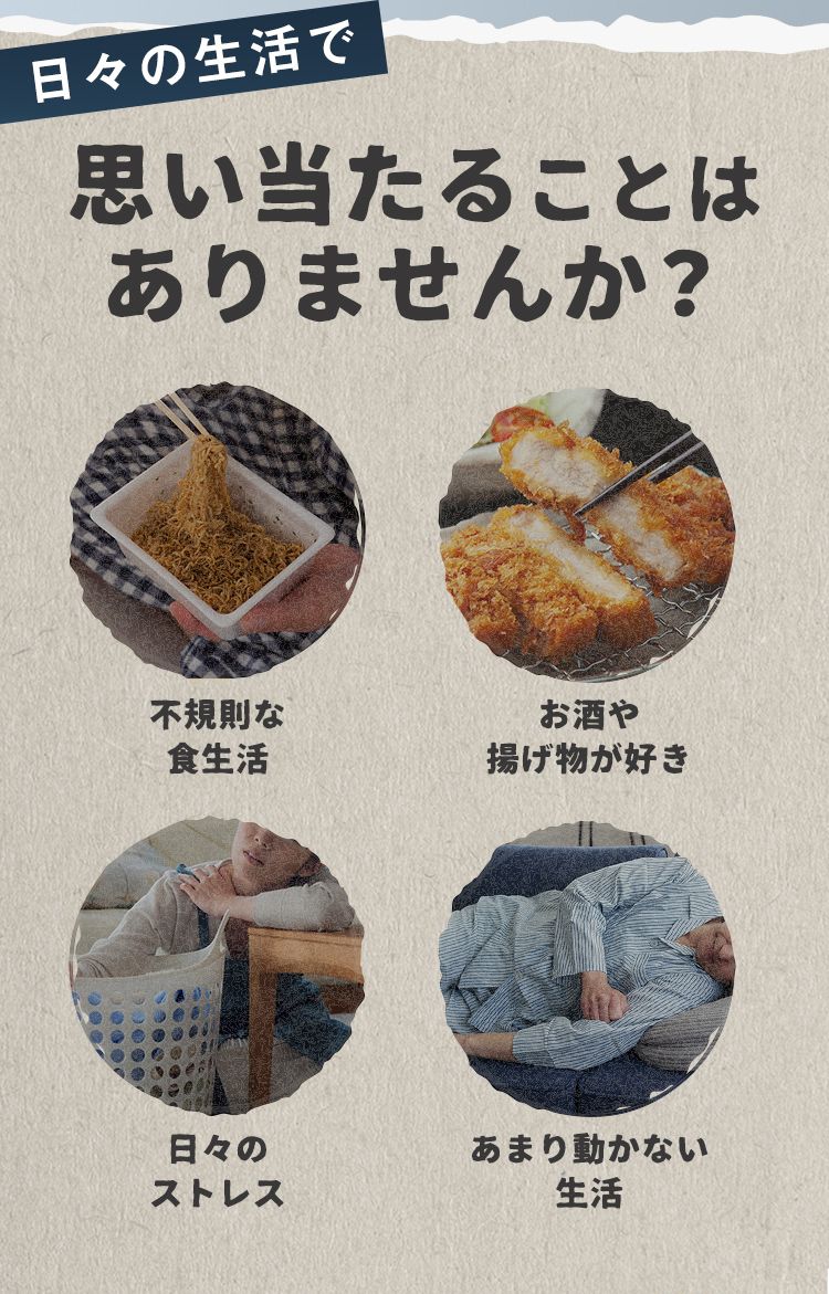 日々の生活で思い当たることはありませんか？ 不規則な食生活 お酒や揚げ物が好き 日々のストレス あまり動かない生活